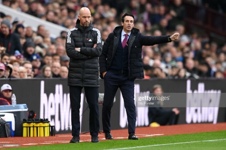 Pelatih baru Aston Villa Unai Emery (kanan) telah mengungguli pelatih Manchester United Erik ten Hag di ajang Premier League (6/11) dan bisa merepetisinya dalam Piala Liga dini hari nanti (11/11).